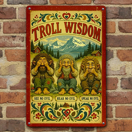 Metal sign depicting three trolls posing as see no evil, hear no evil, and speak no evil, framed by a kurbits floral border against a Nordic mountain landscape.
