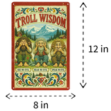 Scandinavian metal sign with three trolls—one covering eyes, one ears, one mouth—below the words “See, Hear, Speak No Evil” in Nordic folk art style. 8x12 inches.