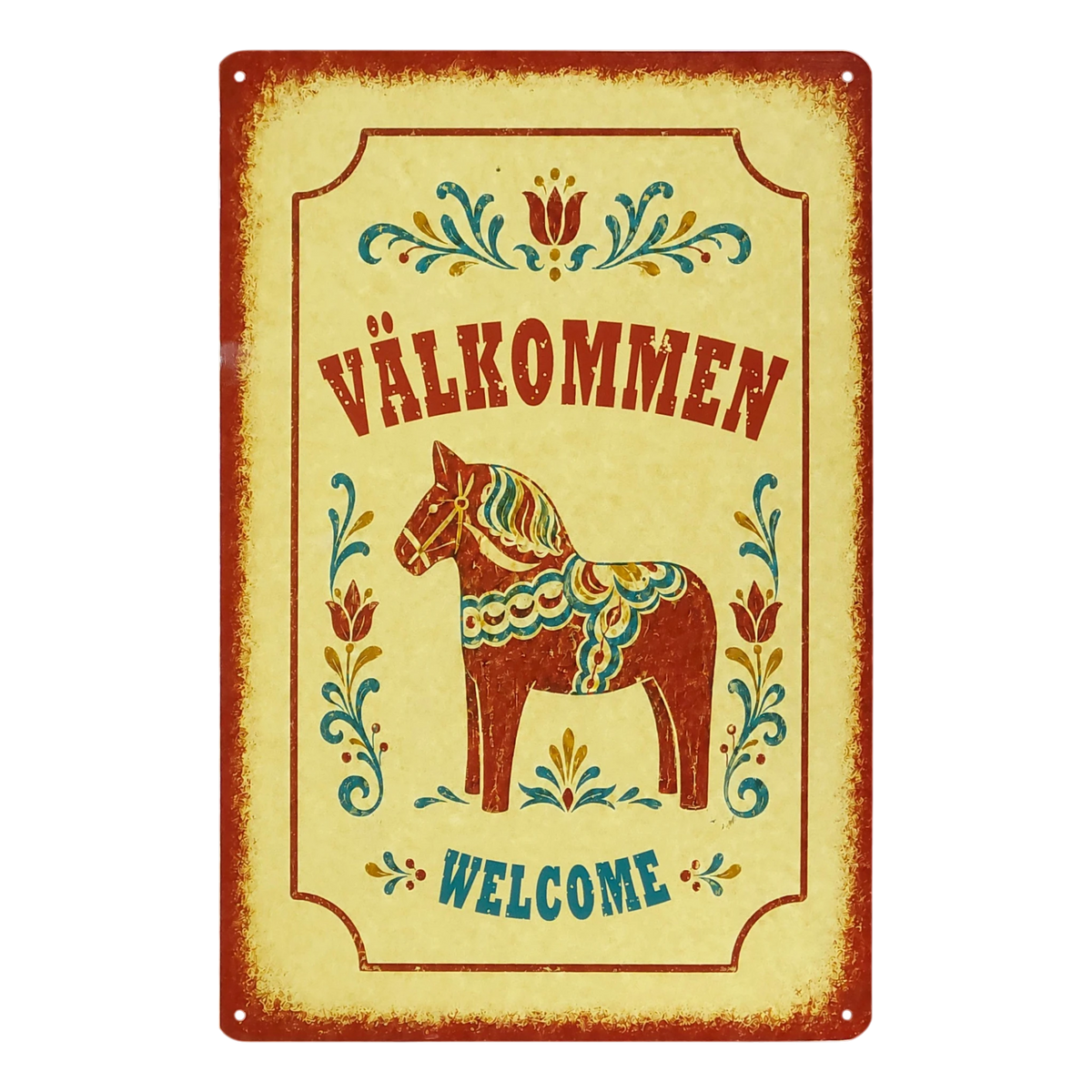 Swedish metal welcome sign displaying “Välkommen” and “Welcome,” with a central painted Dala horse and surrounding floral designs.