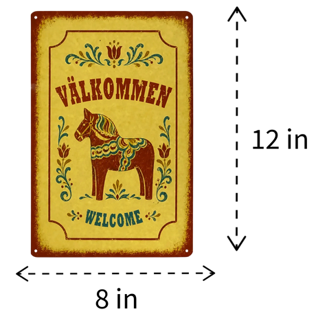 12x8-inch rectangular metal sign with a Dala horse, floral rosemaling patterns, and the text Välkommen and Welcome.