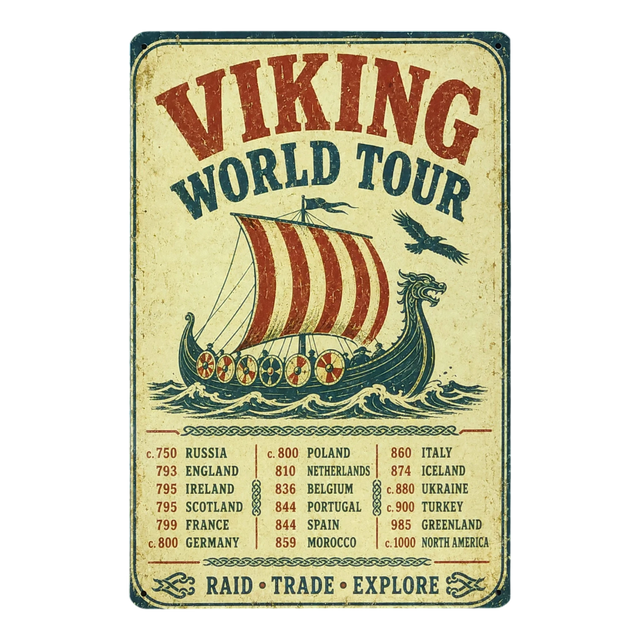 Aluminum sign featuring a vintage-style Viking ship with dragon prow, tour stops by country and year, and the text “Viking World Tour” in bold at the top.