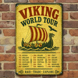 Metal sign featuring a Viking longship illustration, the text Viking World Tour, and a list of countries and dates.