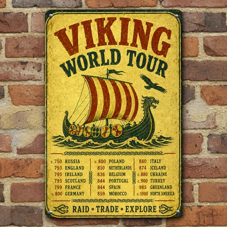 Metal sign featuring a Viking longship illustration, the text Viking World Tour, and a list of countries and dates.