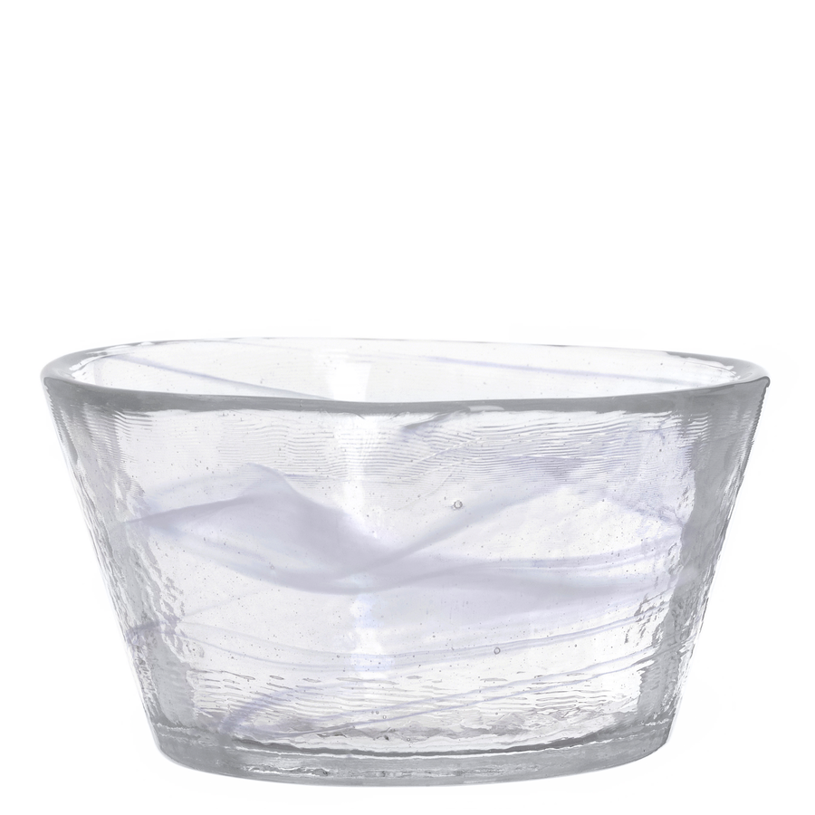 The KostaBoda: Mine White Bowl, crafted from clear glass with a textured surface and swirling design, echoes the elegant artistry of Ulrica Hydman Valliens work for Kosta Boda, set against a pristine white background.