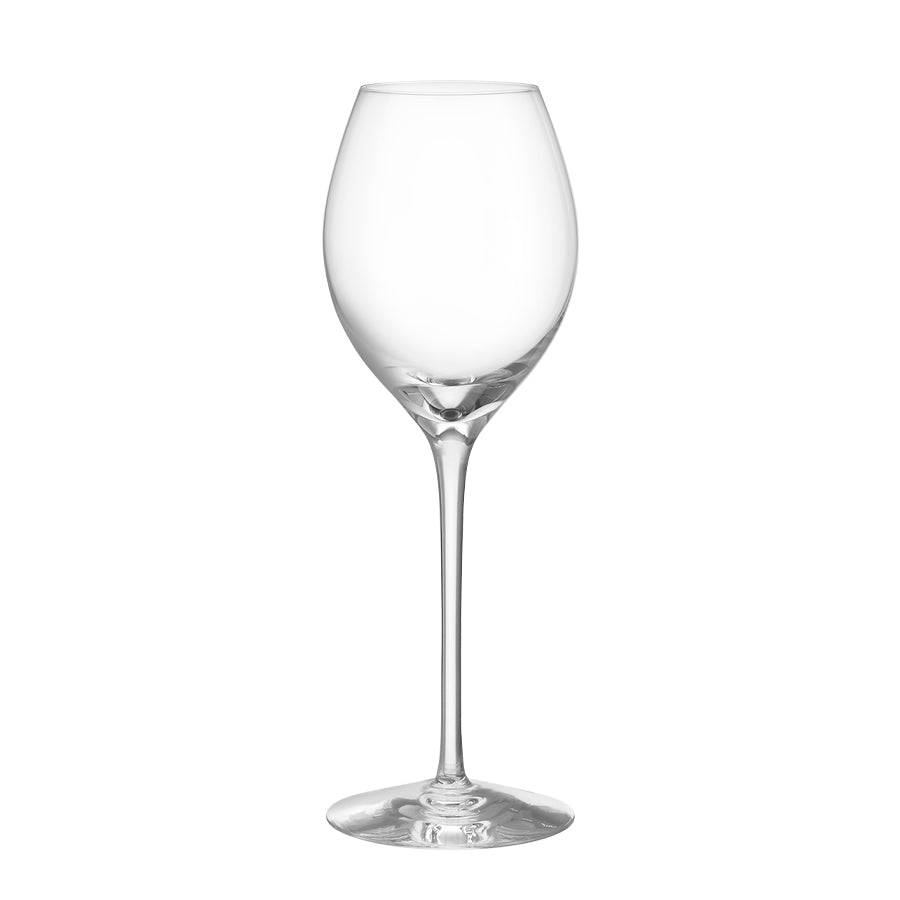 A single Orrefors More Champagne Boule Glass from a 4-pack, featuring a long stem and round bowl designed by Erika Lagerbielke, is set against a plain white background.