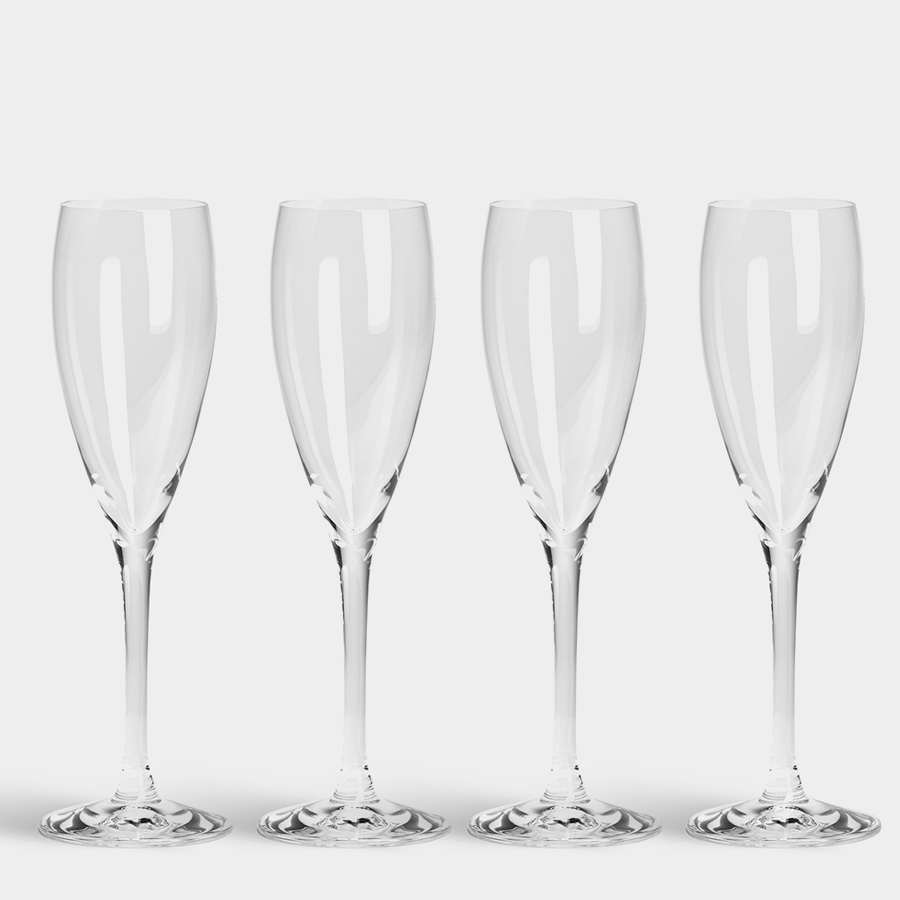 Four Orrefors: More Champagne glasses (4-Pack, 6 oz) are arranged in a row against a plain white background.