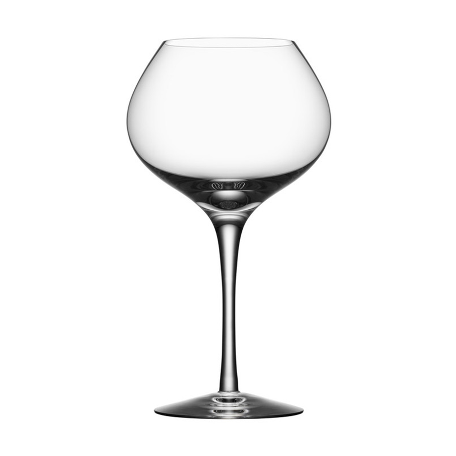 An Orrefors More Mature Glass 16oz, with a clear, empty crystal design featuring a wide bowl and thin stem, is elegantly set against a plain white background.