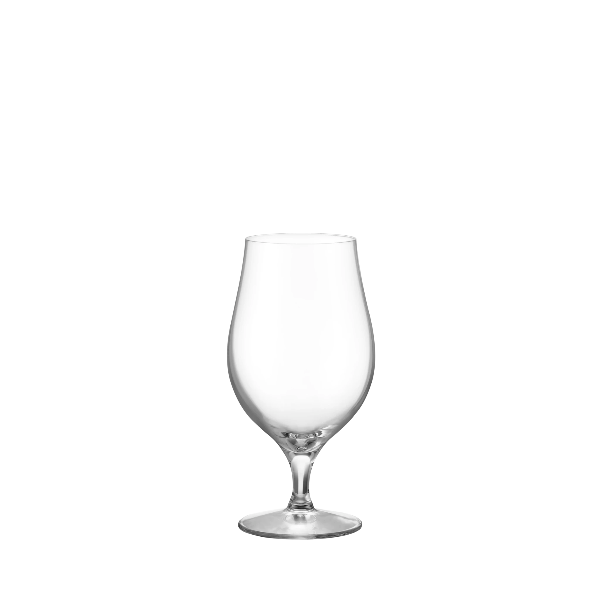 An Orrefors: More Beer Taster Glass 16oz (2-Pack) is displayed on a white background, showcasing its clear design and short stem. Crafted by Erika Lagerbielke.