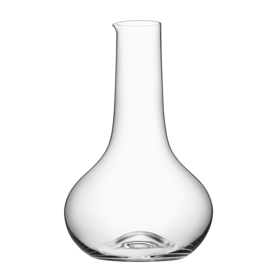 The Orrefors More Carafe 50oz features a tall, clear crystal design with a narrow neck and wide base, evocative of an elegant vase, presented against a white background.