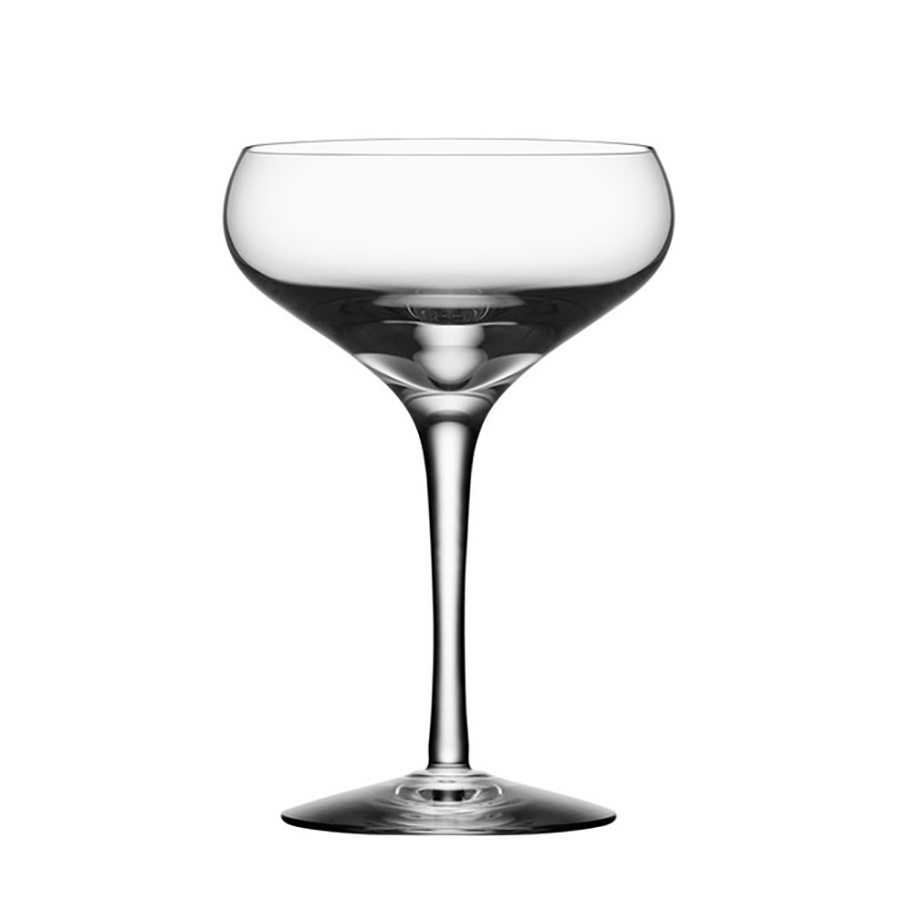 The Orrefors: More Coupe Glass 7oz (4-Pack), crafted by Erika Lagerbielke, displays a clear glass coupe with a wide bowl on a short stem, elegantly set against a white background.