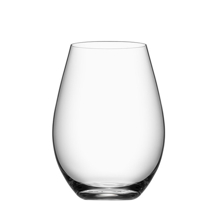 A clear, empty Orrefors: More Tumbler 13oz from the 2-Pack is shown with a rounded base against a plain white background.