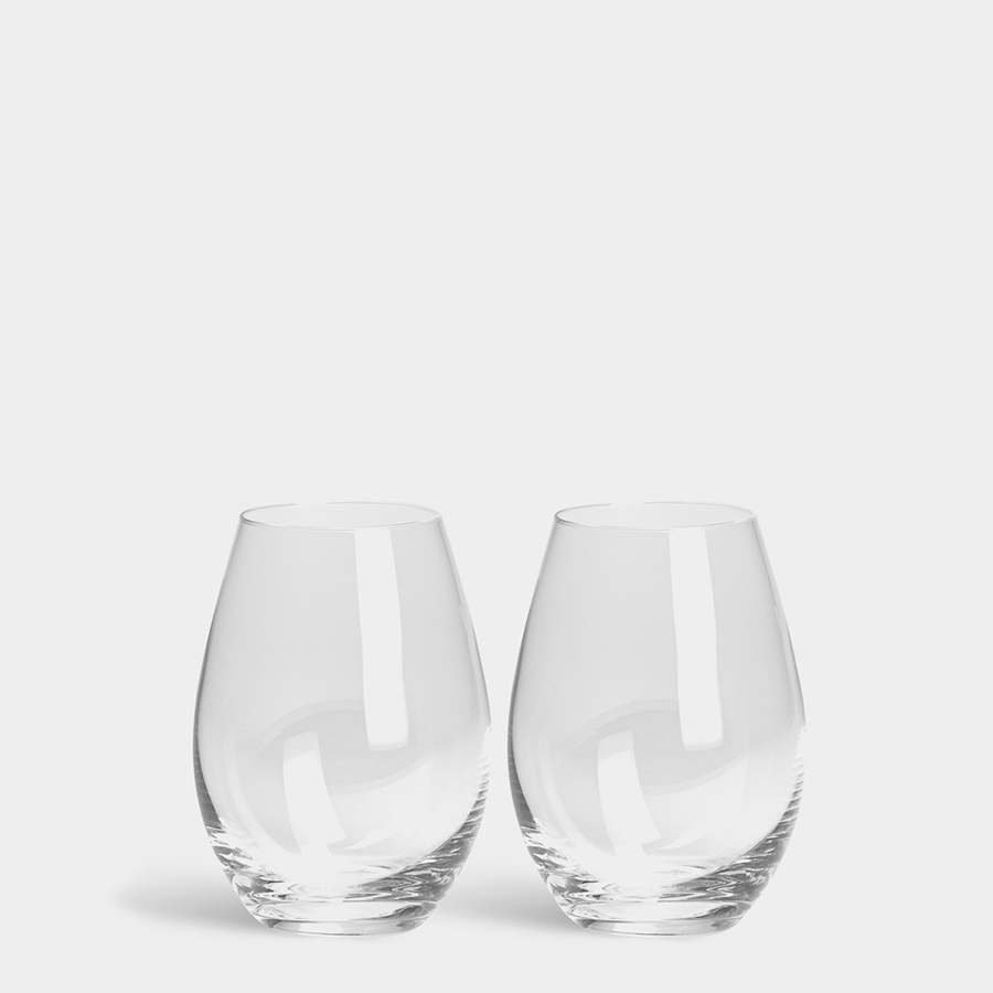 The Orrefors: More Tumbler 13oz (2-Pack) set, with its clear and stemless design, showcases the elegance of crystal glass against a white background.