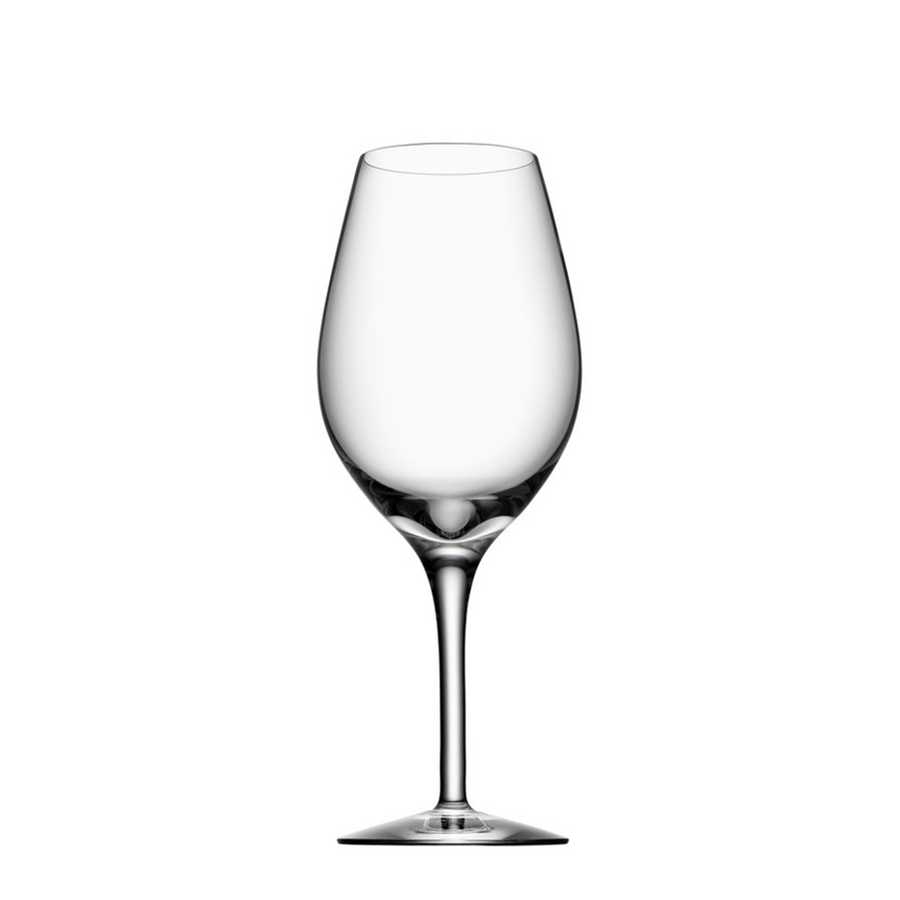 An Orrefors: More Wine Glass 13oz from the 2-Pack, designed by Erika Lagerbielke, elegantly sits on a white background with its clear bowl and tall, slender stem.