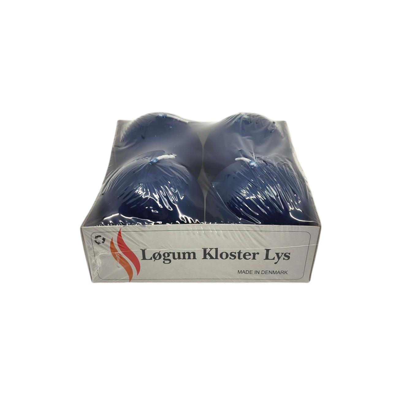 Pack of four dark blue 2.5 Løgum Kloster Lys Advent ball candles, sealed in clear plastic, perfect for creating that cozy hygge atmosphere.