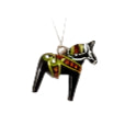 The "Dala Horse Necklace Black" is a handcrafted necklace showcasing a pendant shaped like a black Dala horse, embellished with colorful details reminiscent of Grannas Olsson's iconic designs, set against a light background.