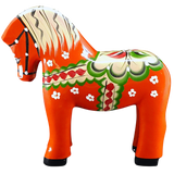 The Nils Olsson Red Swedish Dala Horse "Färnäshästen" (14 cm), handcrafted in Sweden, features classic folk art floral and scalloped patterns in green, white, yellow, and red for a traditional look.