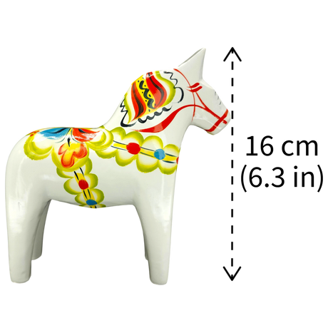 Dala Horse: White Swedish Dala Horse with Multi-Color Kurbits | Handcrafted by Nils Olsson in Sweden