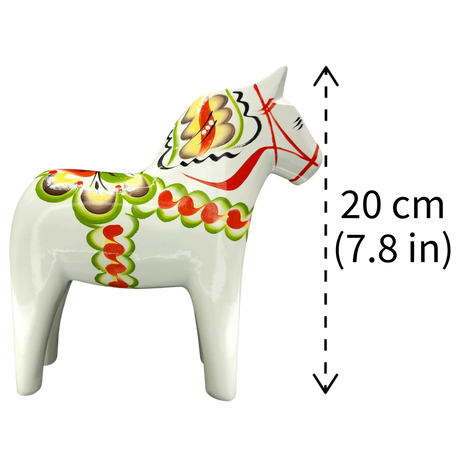 Dala Horse: White Swedish Dala Horse with Multi-Color Kurbits | Handcrafted by Nils Olsson in Sweden