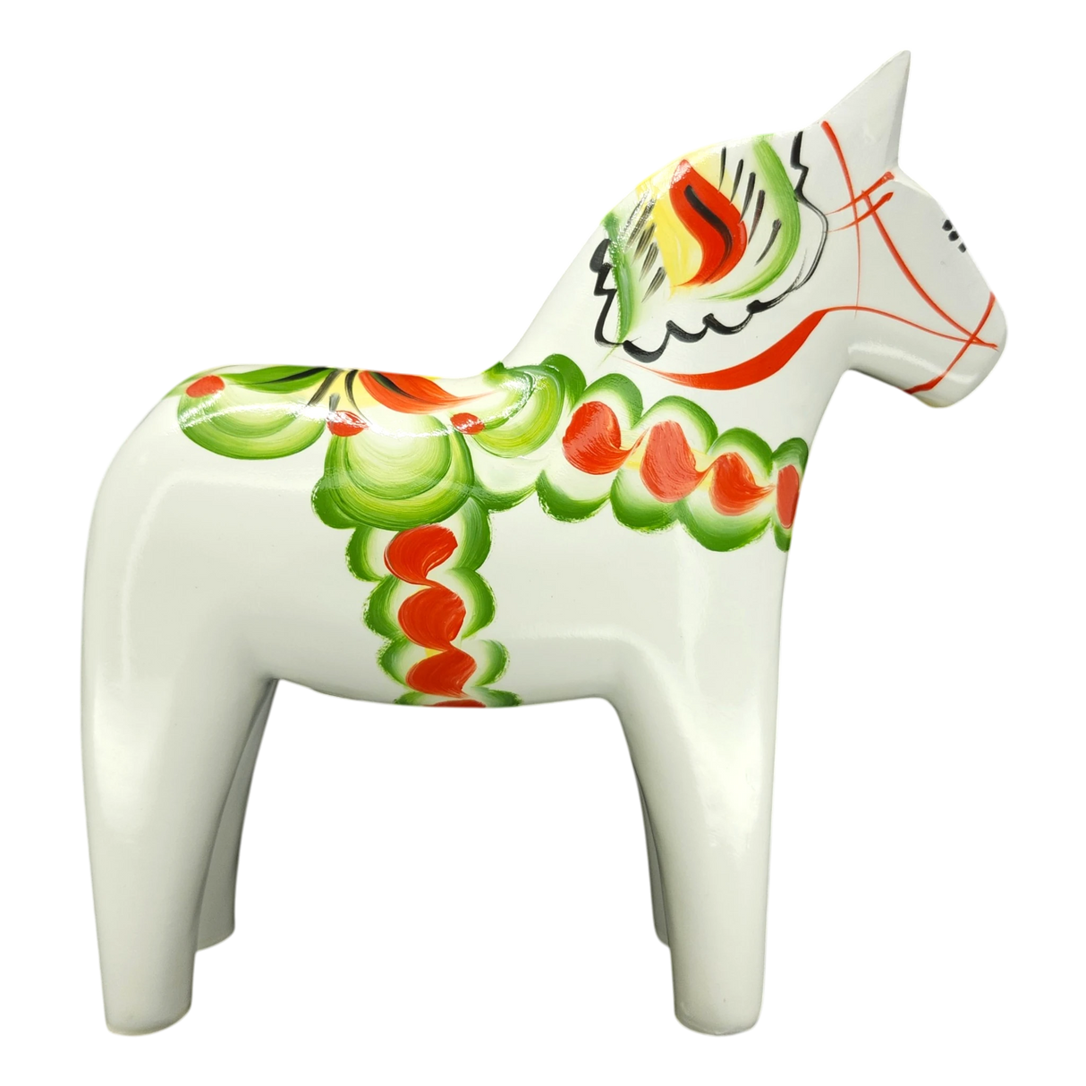Dala Horse: White Swedish Dala Horse with Multi-Color Kurbits | Handcrafted by Nils Olsson in Sweden
