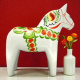 Dala Horse: White Swedish Dala Horse with Multi-Color Kurbits | Handcrafted by Nils Olsson in Sweden