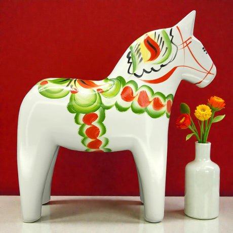 Dala Horse: White Swedish Dala Horse with Multi-Color Kurbits | Handcrafted by Nils Olsson in Sweden