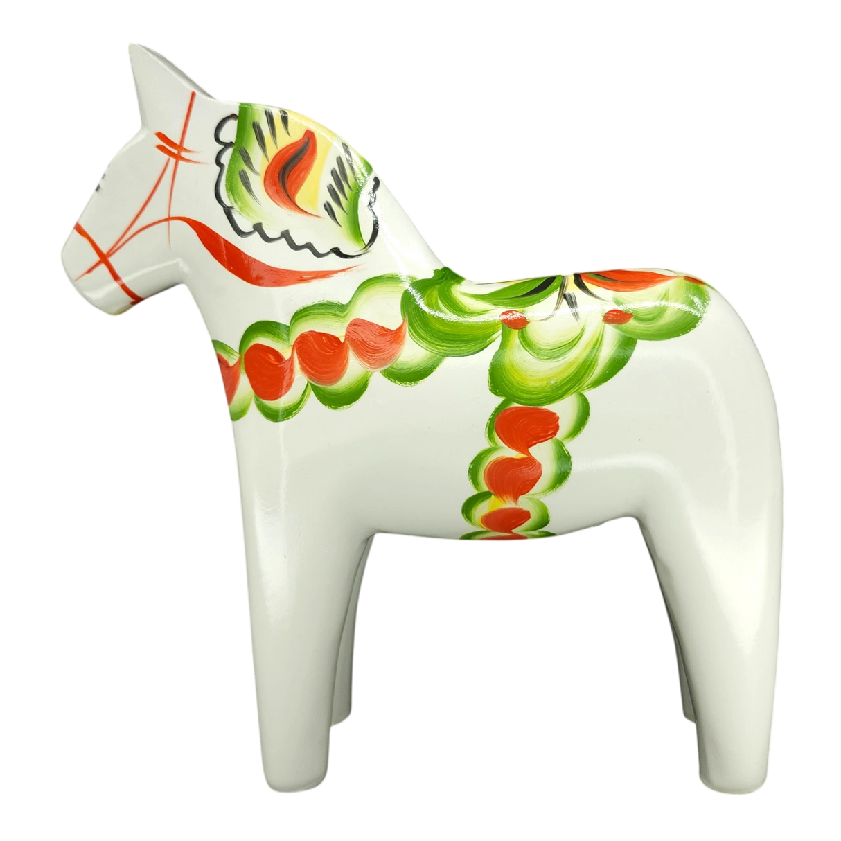 Dala Horse: White Swedish Dala Horse with Multi-Color Kurbits | Handcrafted by Nils Olsson in Sweden