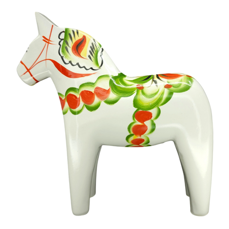 Dala Horse: White Swedish Dala Horse with Multi-Color Kurbits | Handcrafted by Nils Olsson in Sweden