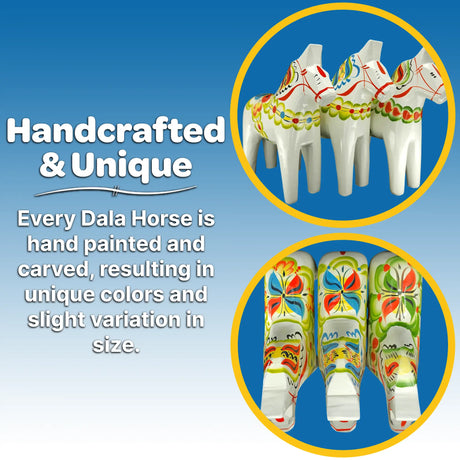 Dala Horse: White Swedish Dala Horse with Multi-Color Kurbits | Handcrafted by Nils Olsson in Sweden