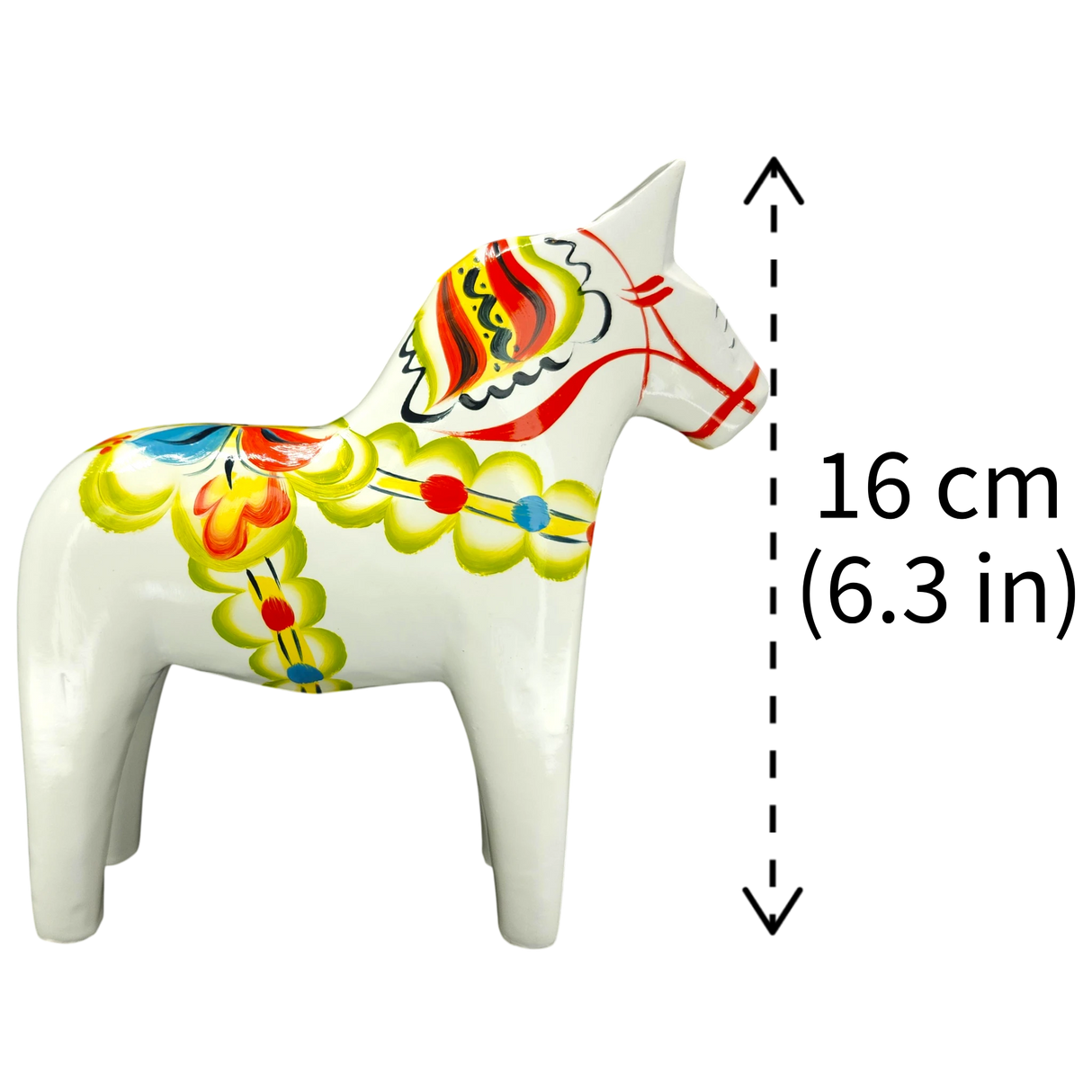Dala Horse: White Swedish Dala Horse with Multi-Color Kurbits | Handcrafted by Nils Olsson in Sweden