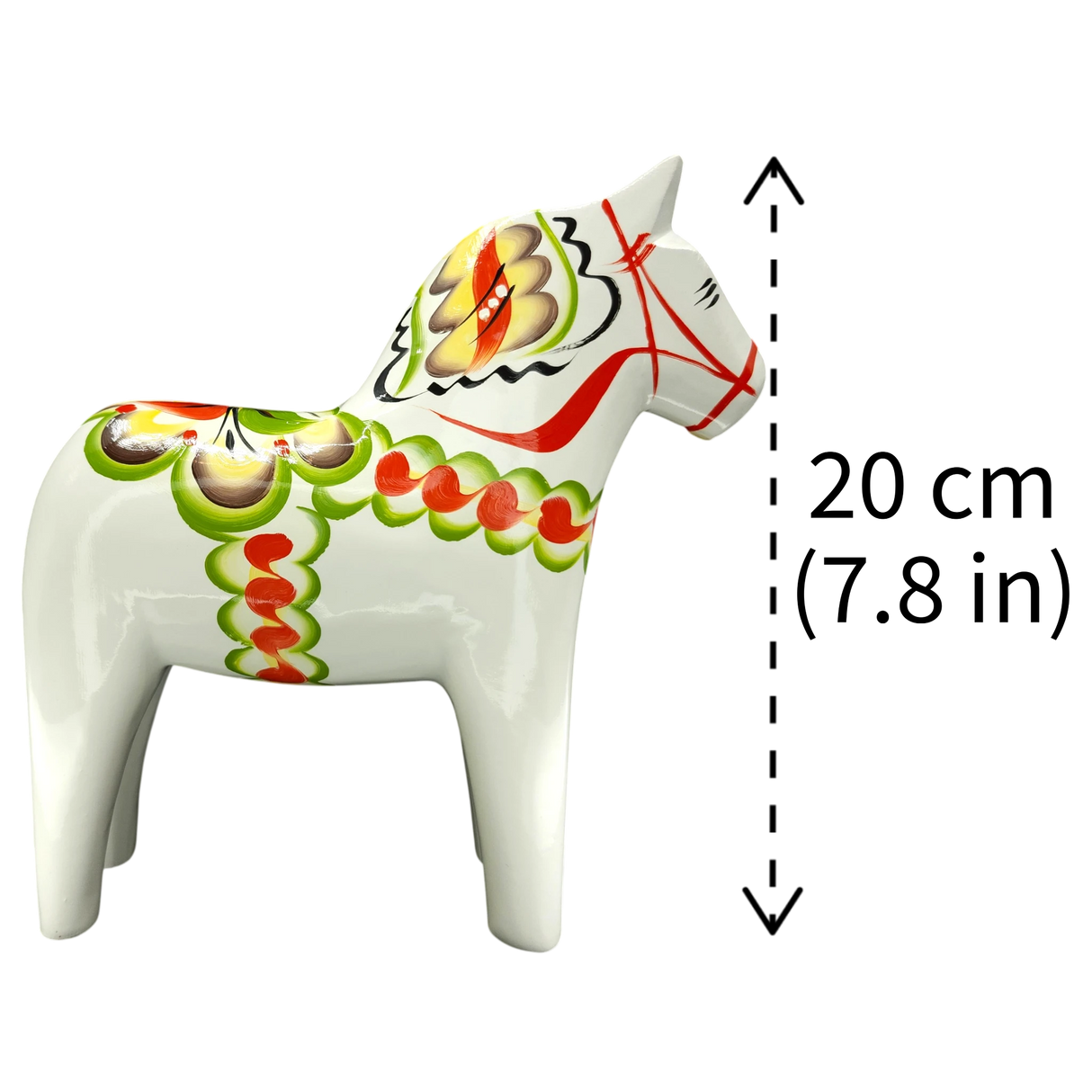 Dala Horse: White Swedish Dala Horse with Multi-Color Kurbits | Handcrafted by Nils Olsson in Sweden