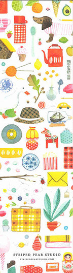 Colorful illustrated collage by Kirsten Sevig featuring a teapot, dachshund, plants, key, envelopes, birds, and patterns. The Bookmark: Hygge product is arranged vertically on a white background.