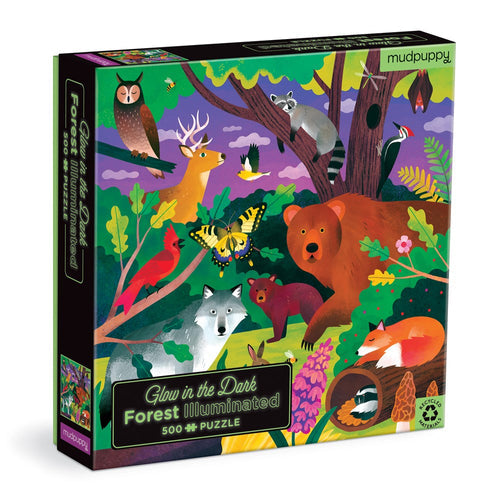 Uncover the magic with our Puzzle: Forest Illuminated Glow in the Dark 500 pc Puzzle. This family-friendly puzzle presents a vivid forest setting inhabited by a bear, wolf, fox, and owl. Crafted by Mudpuppy, it unveils hidden surprises as darkness descends.