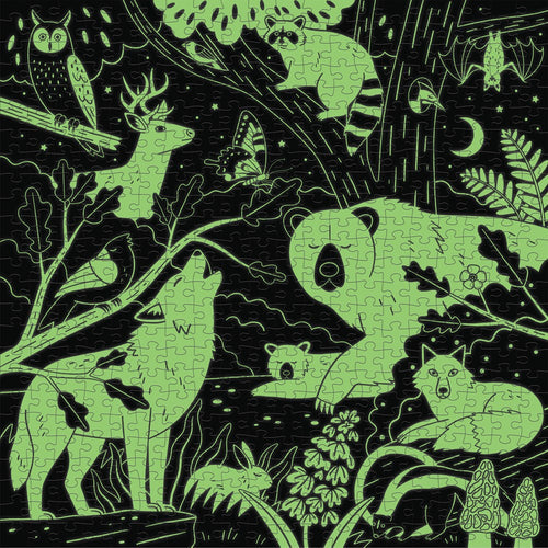 The Puzzle: Forest Illuminated Glow in the Dark 500 pc Puzzle showcases a variety of woodland creatures like a wolf, deer, raccoon, and owl beneath a starlit sky with captivating glow-in-the-dark features. It's an ideal Family Puzzle activity that brings the enchanting essence of the forest alive when night falls.