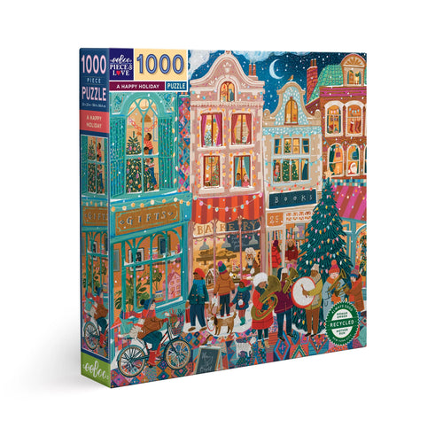 The 1,000-piece Puzzle: Happy Holiday features a Christmas-themed street scene complete with shops, musicians, and people. Designed by Victoria Ball, it beautifully encapsulates the joyful spirit of the holiday season.