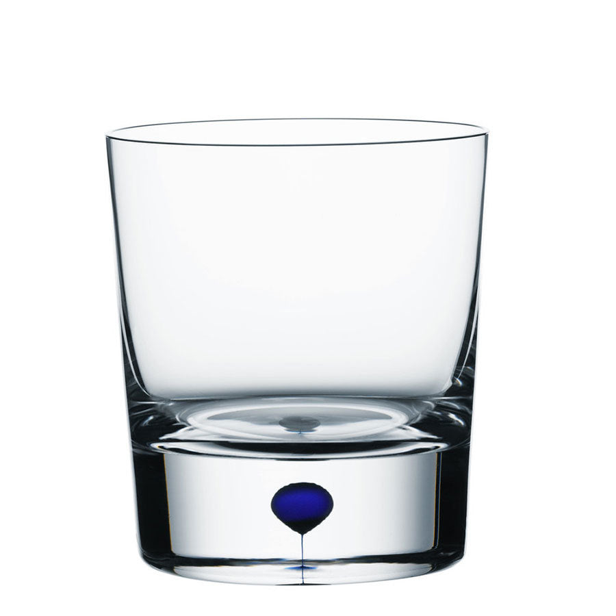 The Orrefors Intermezzo Blue Old Fashioned/Whiskey Glass 8.5oz features a clear design with a thick base and the unique Intermezzo Blue element at its center.