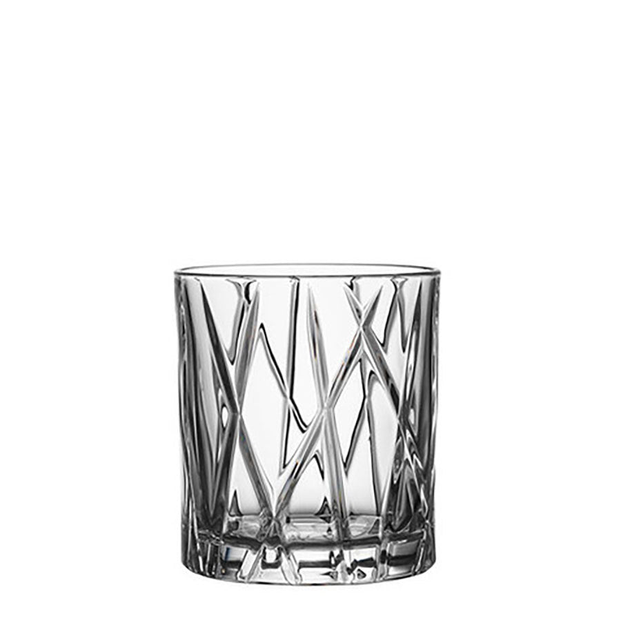 The Orrefors: City Old Fashioned Glass 8oz (2-Pack) is a clear tumbler with a geometric etched pattern, showcasing timeless elegance and craftsmanship.