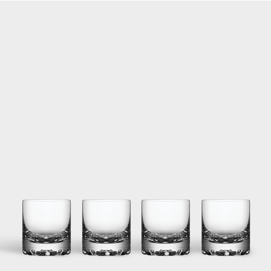 Four Orrefors Erik Old Fashioned 8.5oz clear glass tumblers, perfect for whiskey enthusiasts and fans of Scandinavian design, are arranged against a plain gray background.