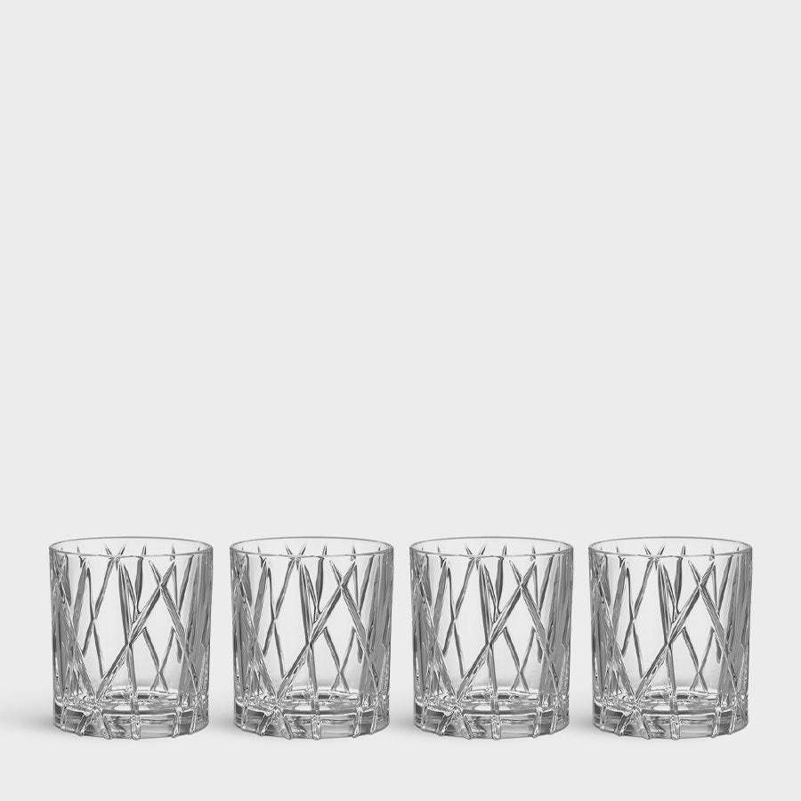 A set of four Orrefors: City Old Fashioned Glass 8oz, elegantly displayed against a plain white background.