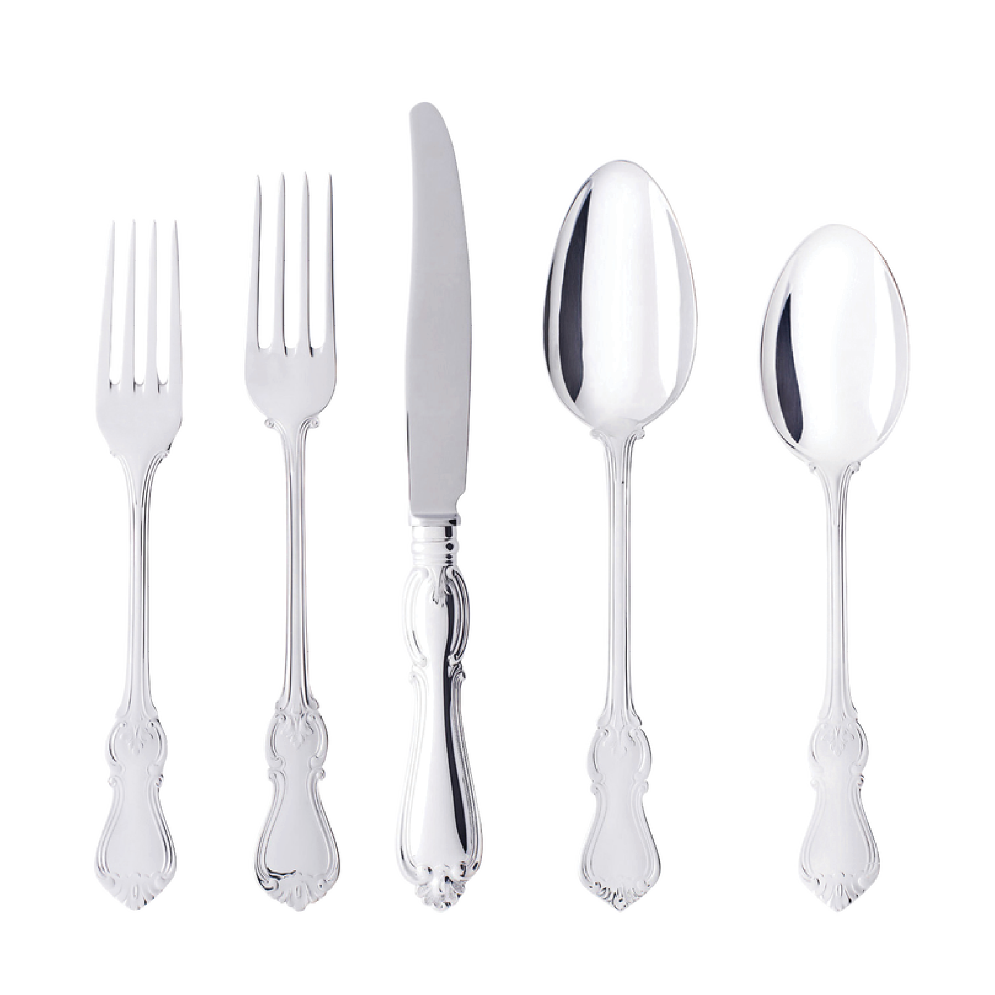 The Gense - Silver Dining Set Olga 830 includes five pieces: two forks, a knife, a tablespoon, and a teaspoon with decorative handles.