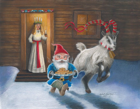 Original: "On the Run" by Rachael Koppendrayer (11x14) features a gnome with cookies, a festive goat in the snow, and a woman dressed for St Lucia Day holding candles at the door.