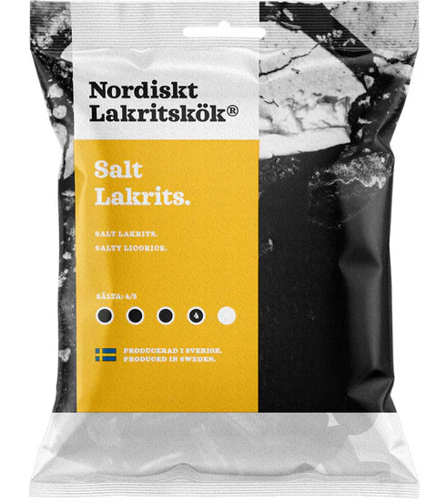 A 4.23oz bag of Nordiskt Lakritskok Salt Licorice, with yellow and black packaging featuring Swedish text and symbols.