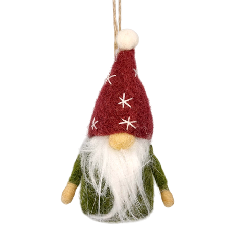 Hand-felted tomte gnome ornament with a red star hat, long white beard, green body, and beige nose hanging by a string.