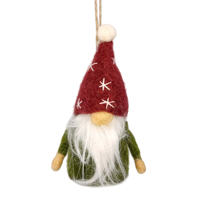 Hand-felted tomte gnome ornament with a red star hat, long white beard, green body, and beige nose hanging by a string.