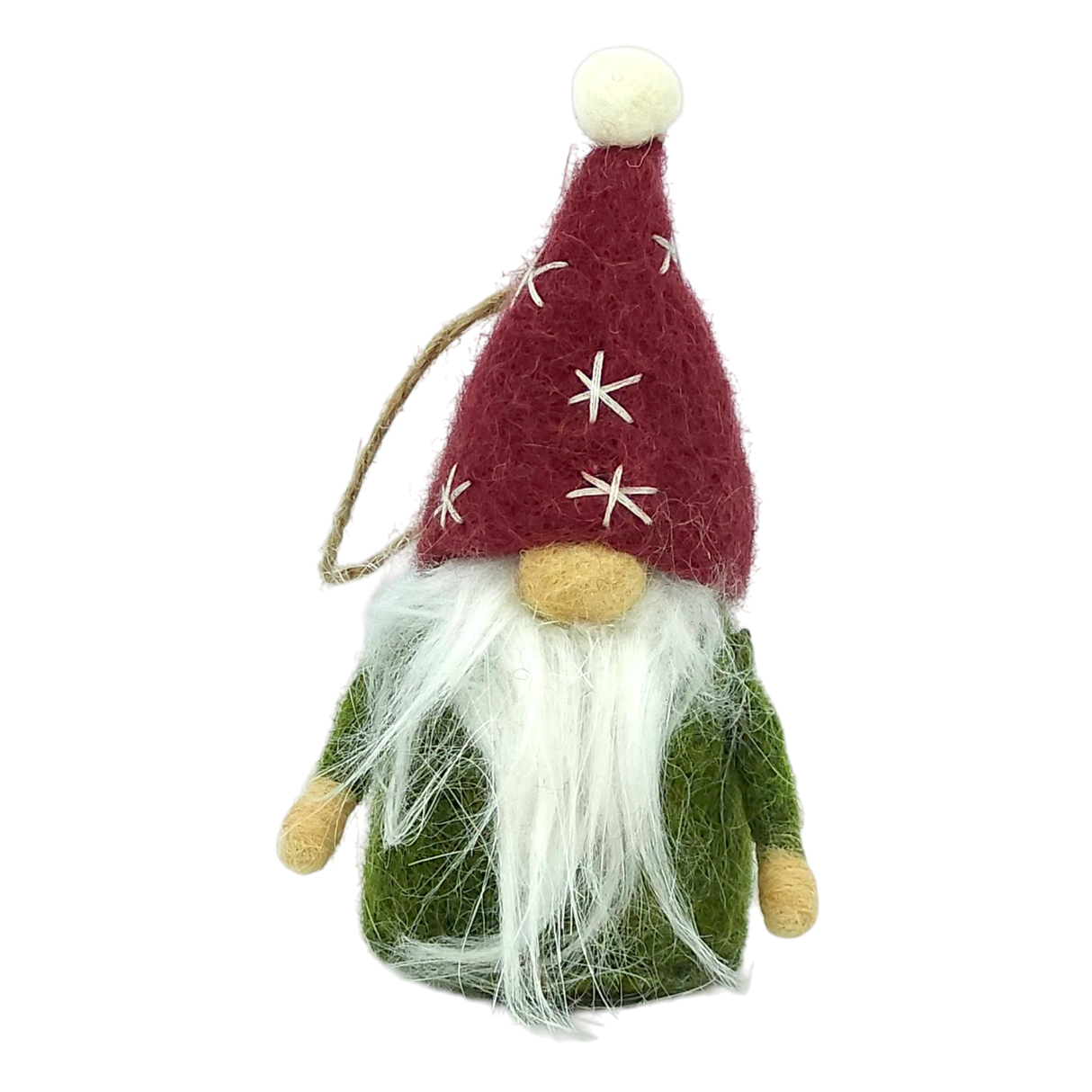 Hand-felted tomte gnome ornament with a long white beard, green coat, and red hat decorated with stars and a pom-pom. String loop attached for hanging.