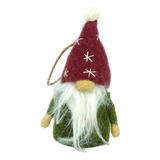 Hand-felted tomte gnome ornament with a long white beard, green coat, and red hat decorated with stars and a pom-pom. String loop attached for hanging.