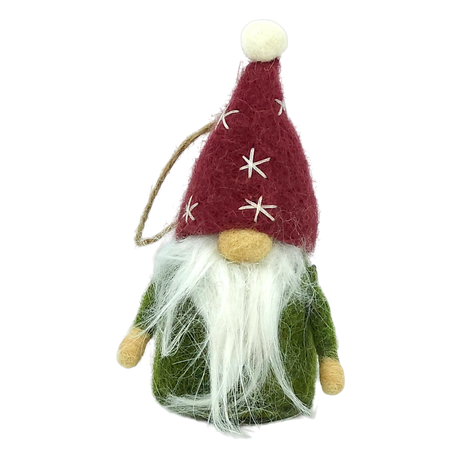 Hand-felted tomte gnome ornament with a long white beard, green coat, and red hat decorated with stars and a pom-pom. String loop attached for hanging.