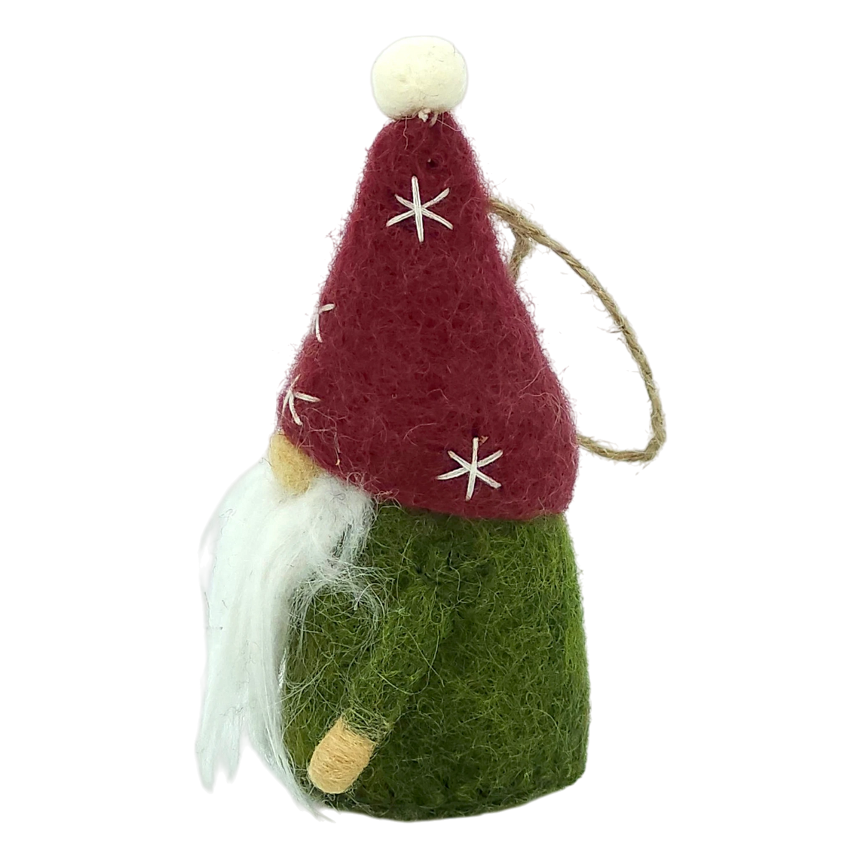 Hand-felted tomte ornament with a red hat stitched with stars, white beard, green body, and a loop at the top for hanging.