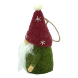Hand-felted tomte ornament with a red hat stitched with stars, white beard, green body, and a loop at the top for hanging.
