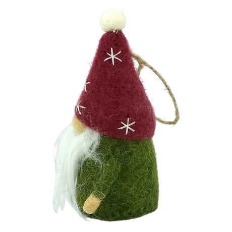 Hand-felted tomte ornament with a red hat stitched with stars, white beard, green body, and a loop at the top for hanging.