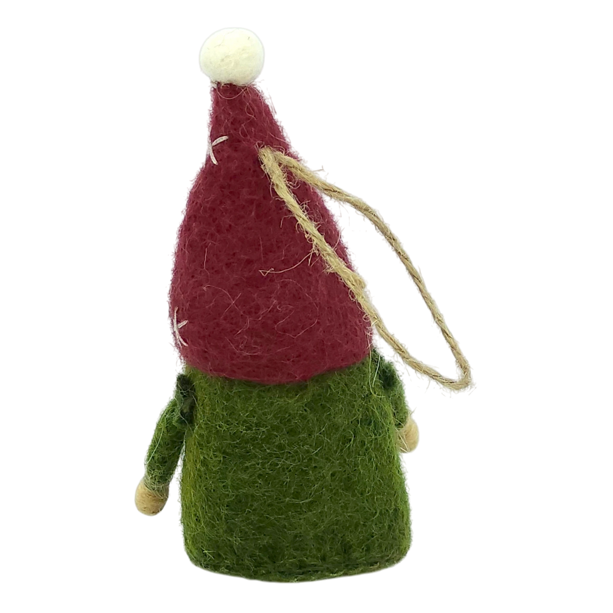 A hand-felted tomte gnome ornament with a tall red hat, green body, and wooden hands hanging by a string loop on a white background.